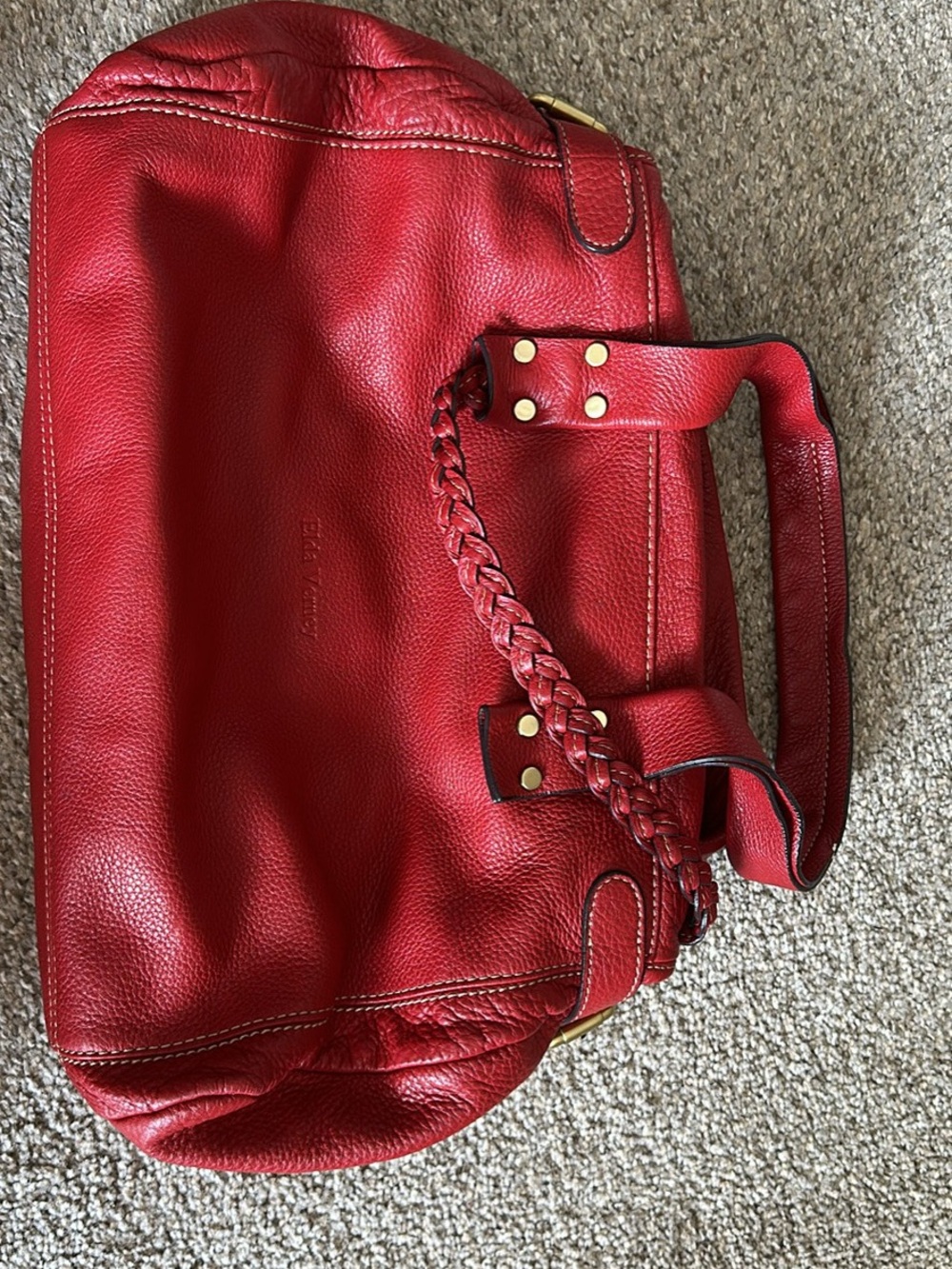 Red Leather Shoulder Bag with Braided Handle - Women Bags